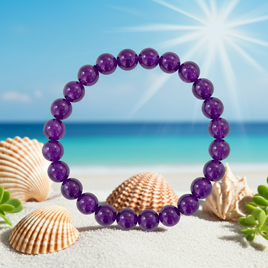 Natural Uruguayan Amethyst Round Bead Bracelet – Deep Purple Crystal Beaded Fashion Bracelet