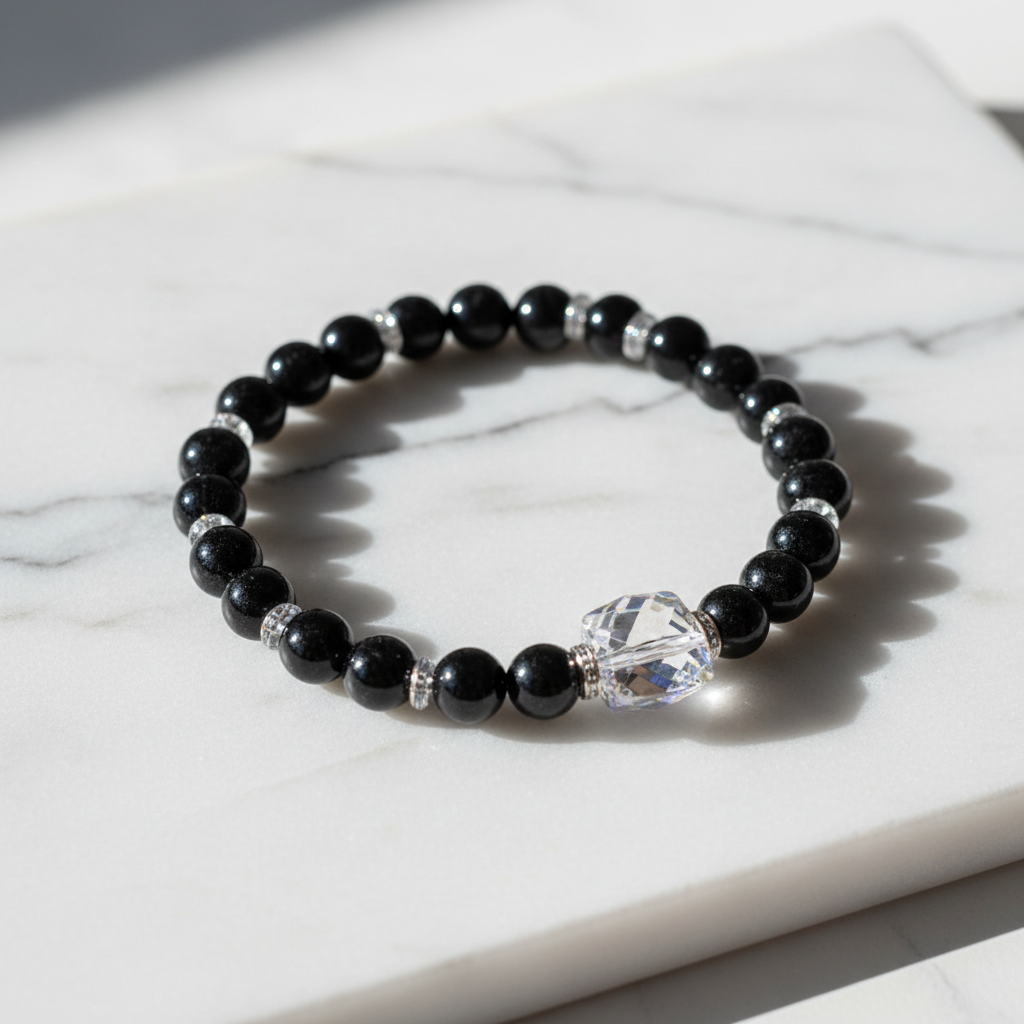 Premium Black Tourmaline Bracelet Collector Grade 10mm Protection Crystal on white marble