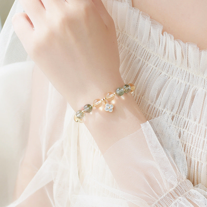 Green Phantom Crystal Wealth Bracelet | Citrine & Gold Charm