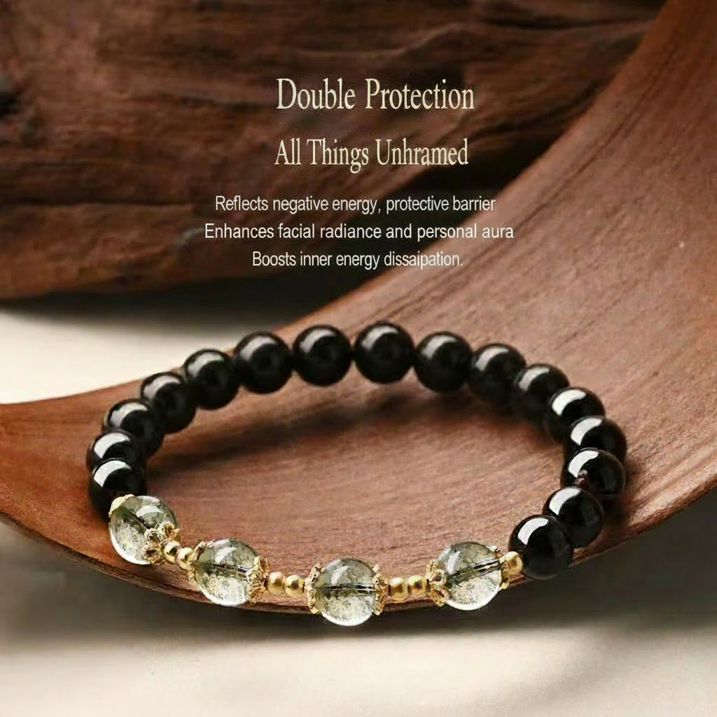 Black Obsidian & Green Phantom Wealth Bracelet | Gold Protection Crystal