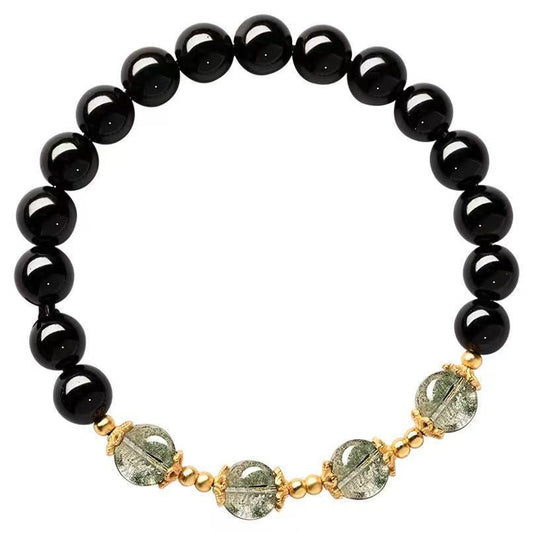 Black Obsidian & Green Phantom Wealth Bracelet | Gold Protection Crystal