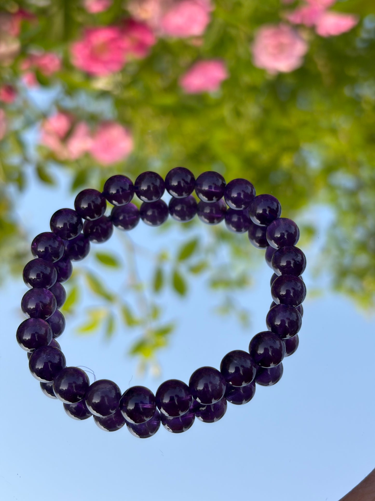 Natural Uruguayan Amethyst Round Bead Bracelet – Deep Purple Crystal Beaded Fashion Bracelet