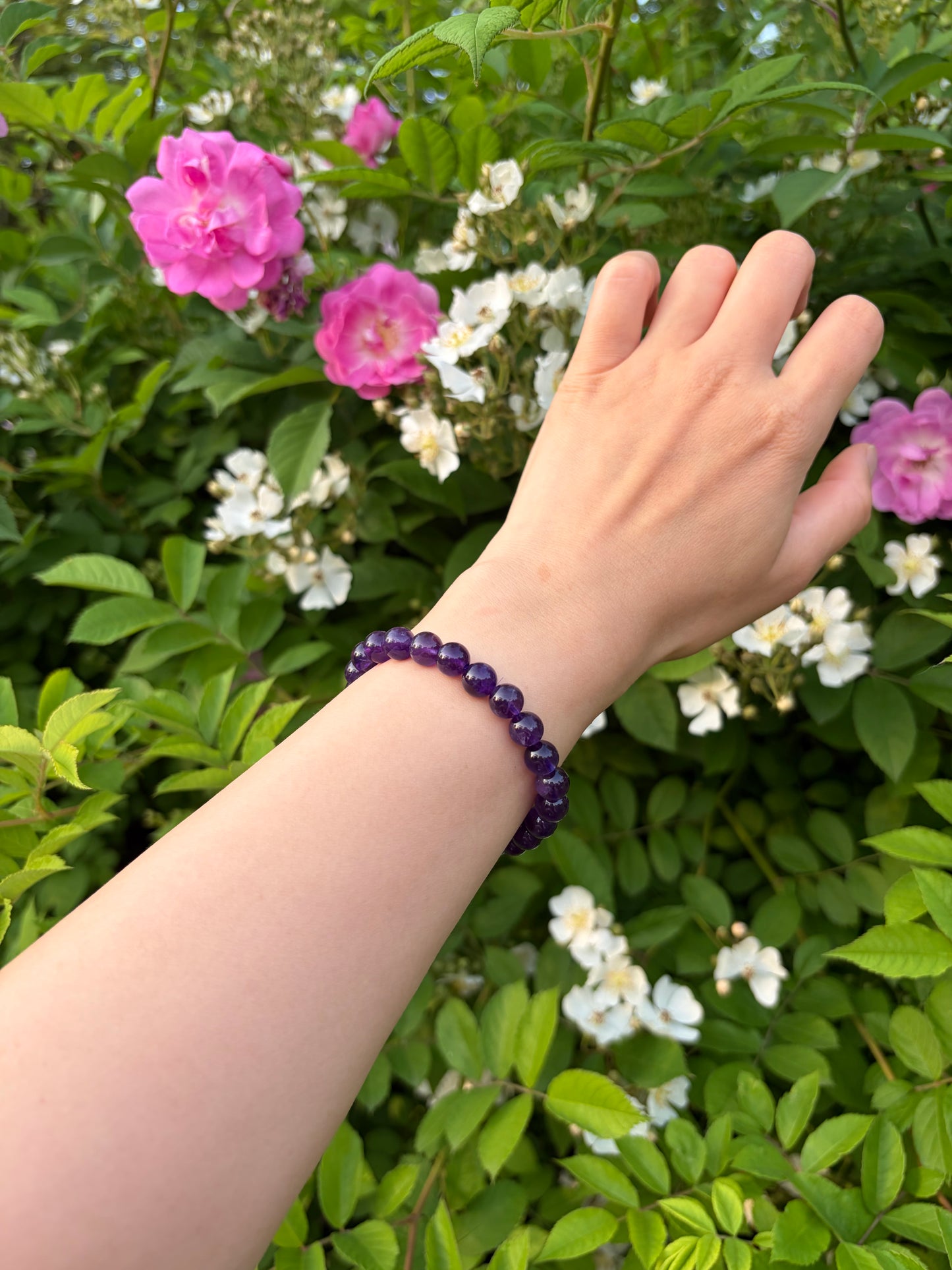 Natural Uruguayan Amethyst Round Bead Bracelet – Deep Purple Crystal Beaded Fashion Bracelet