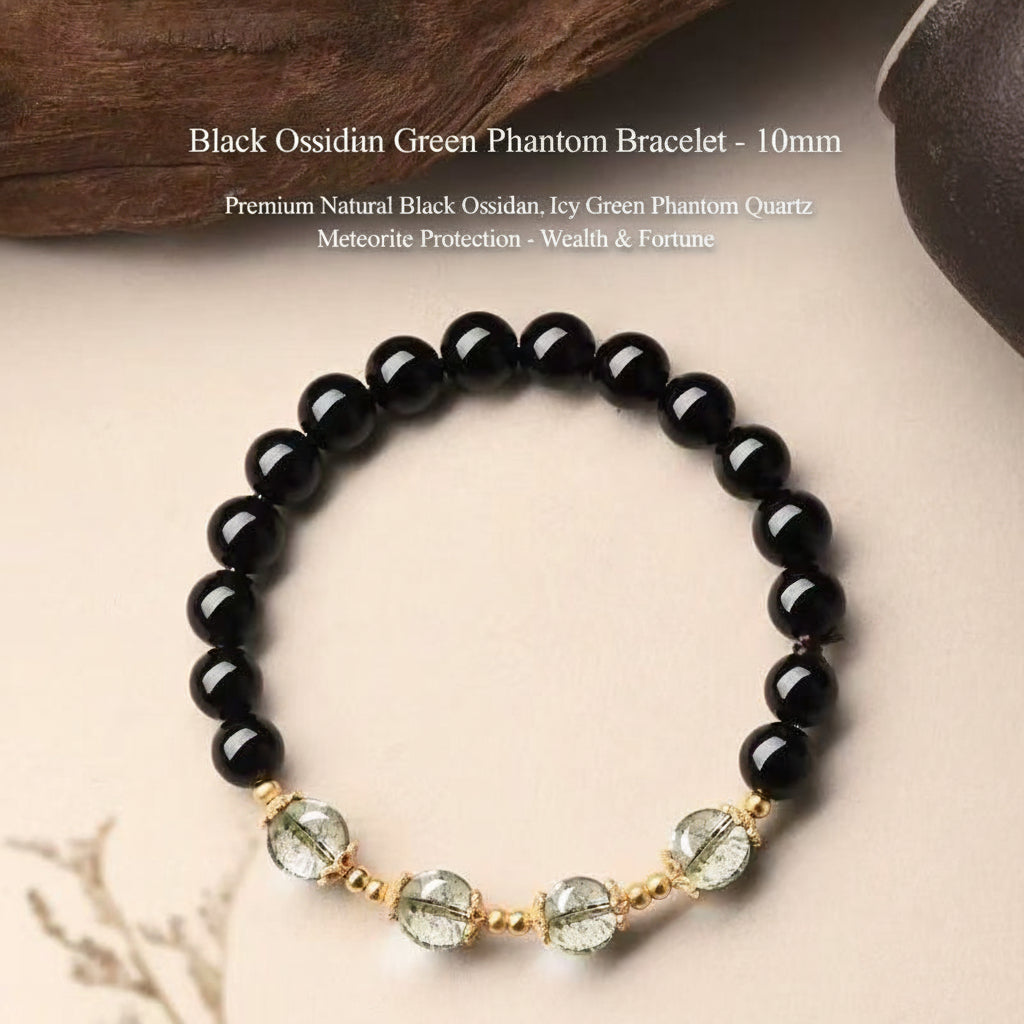 Black Obsidian & Green Phantom Wealth Bracelet | Gold Protection Crystal