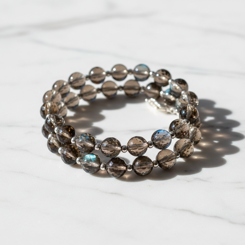 Smoky Quartz & Labradorite Crystal Bracelet Multi-Stone Happiness on white marble