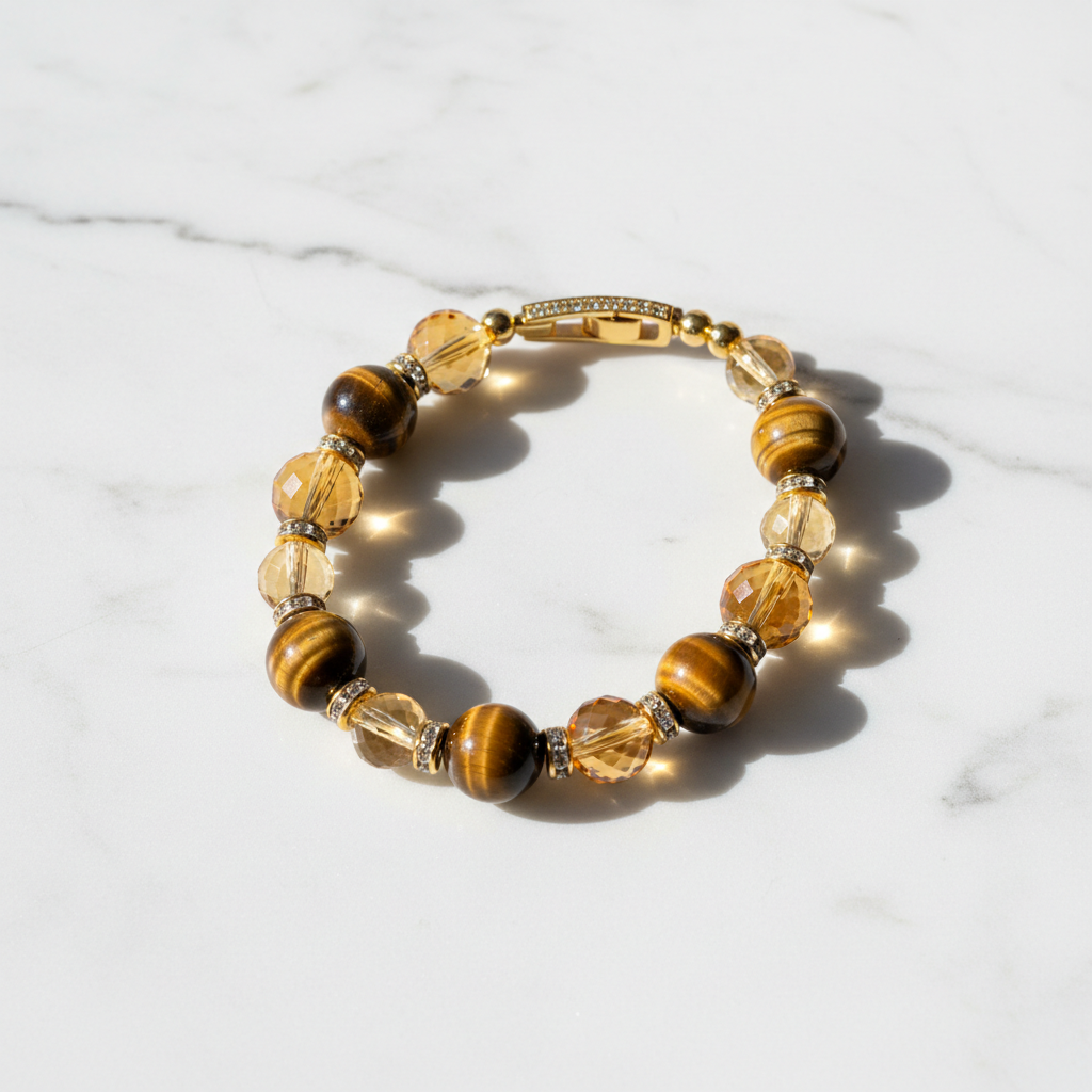 Citrine & Tiger's Eye Wealth Bracelet Large Bead on white marble