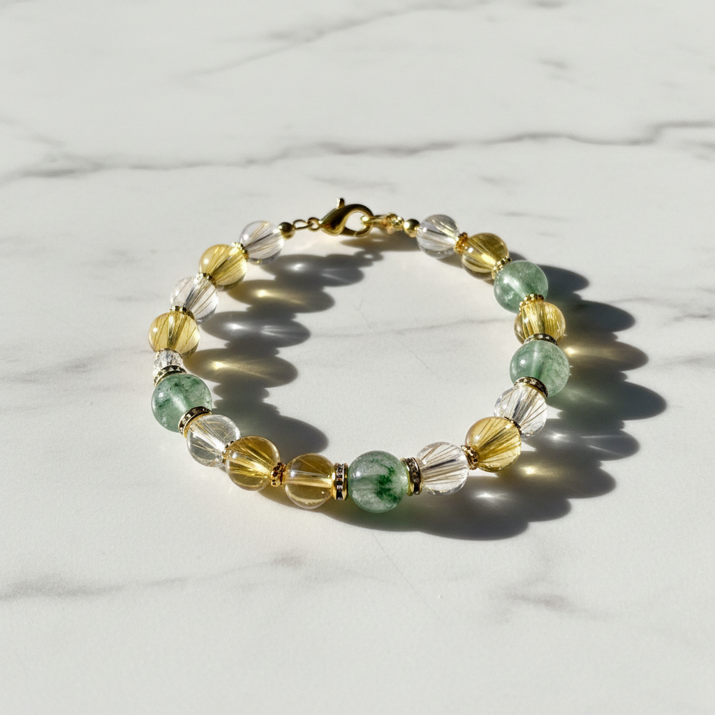 Citrine & Green Phantom Wealth Bracelet with Gold Rutilated Crystal on white marble